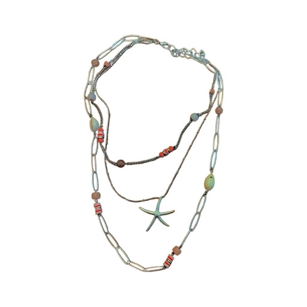 Multi Layered Silver Beaded Necklace with Starfish Pendant